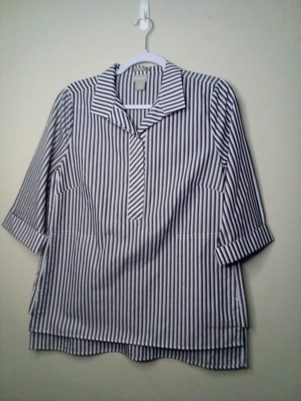 Chico's Blouse Women 0 S Half Sleeve Stripe Cotton Black White